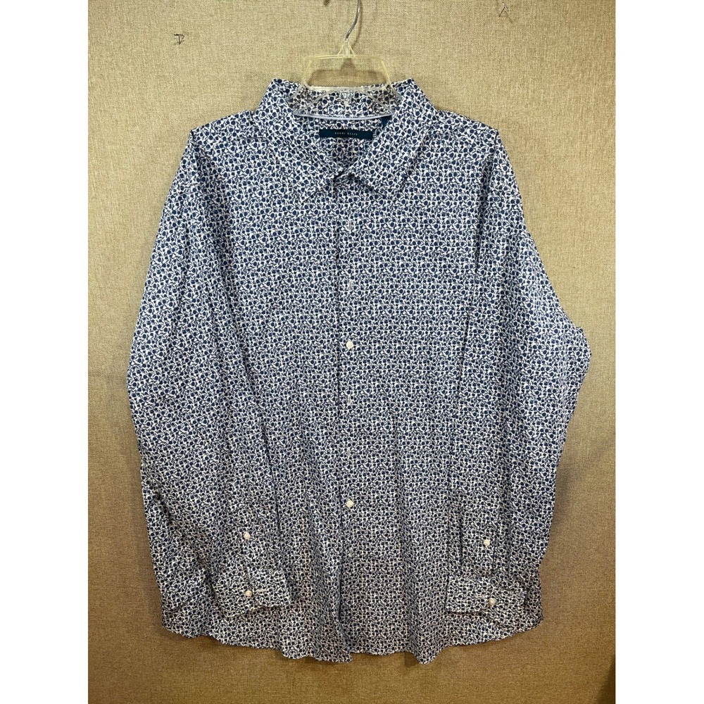 Perry Ellis Mens 2X Blue White Floral Cotton Long Sleeve Button Down Shirt